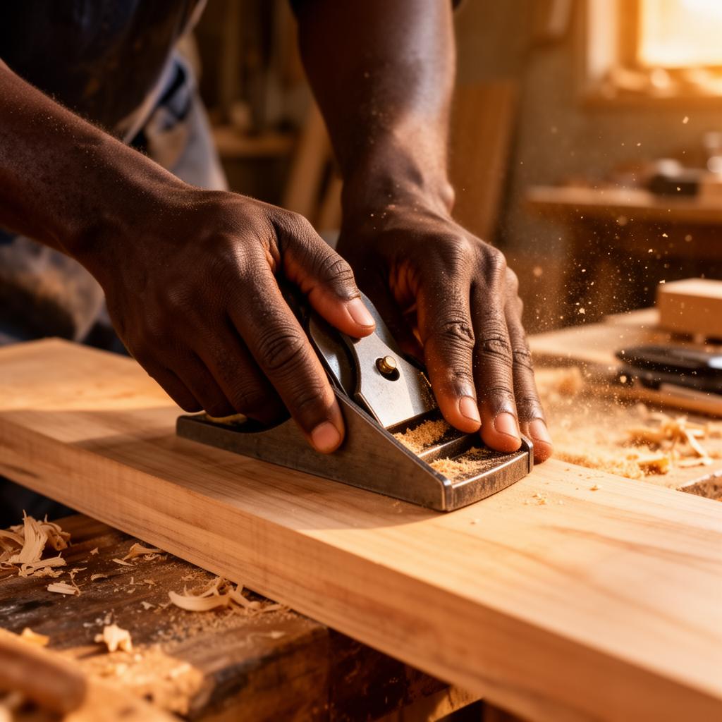 Carpenter hand-planing a board in the workshop